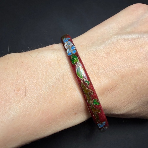 Vintage Red Cloisonné Floral Bangle Bracelet - Picture 7 of 8